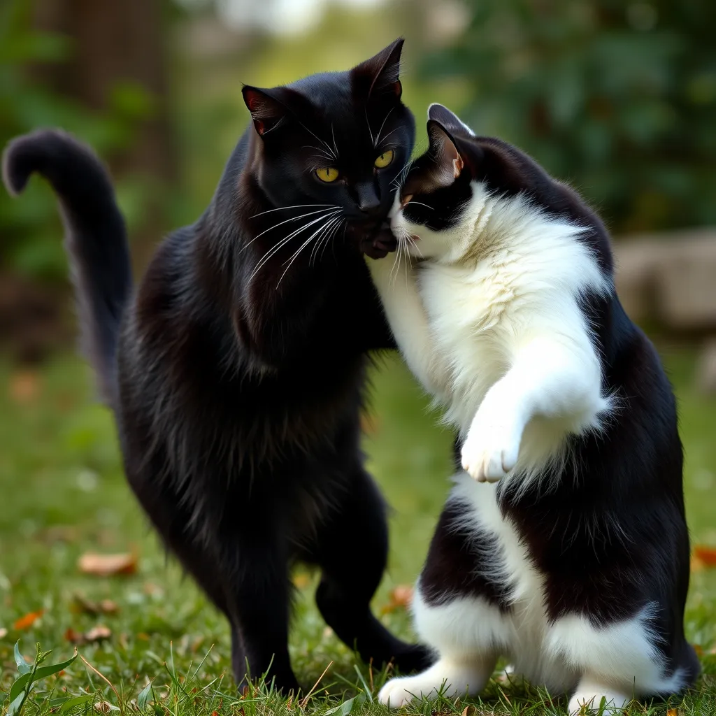 Black cat and full white cat fight. - Image