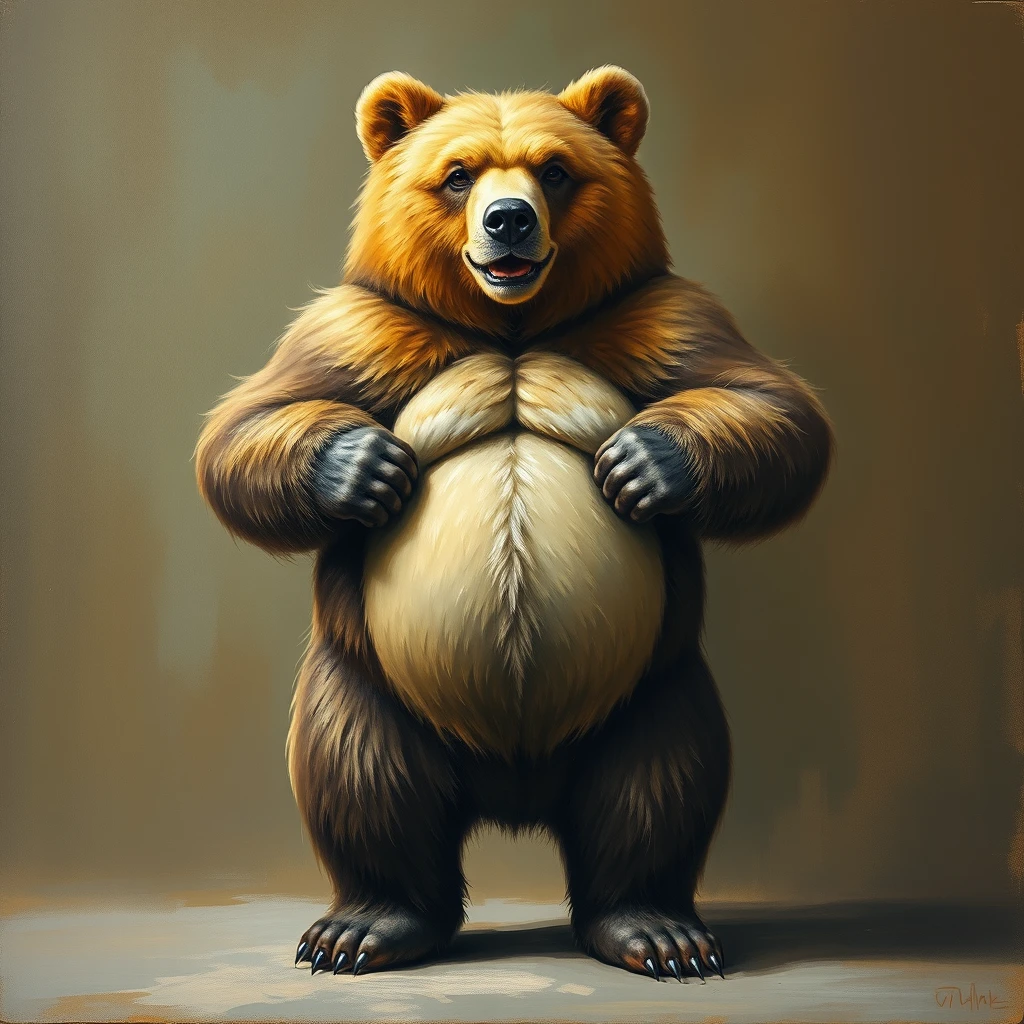 Painting of a furry bear that is very strong, standing upright, exposing its genitals. - Image