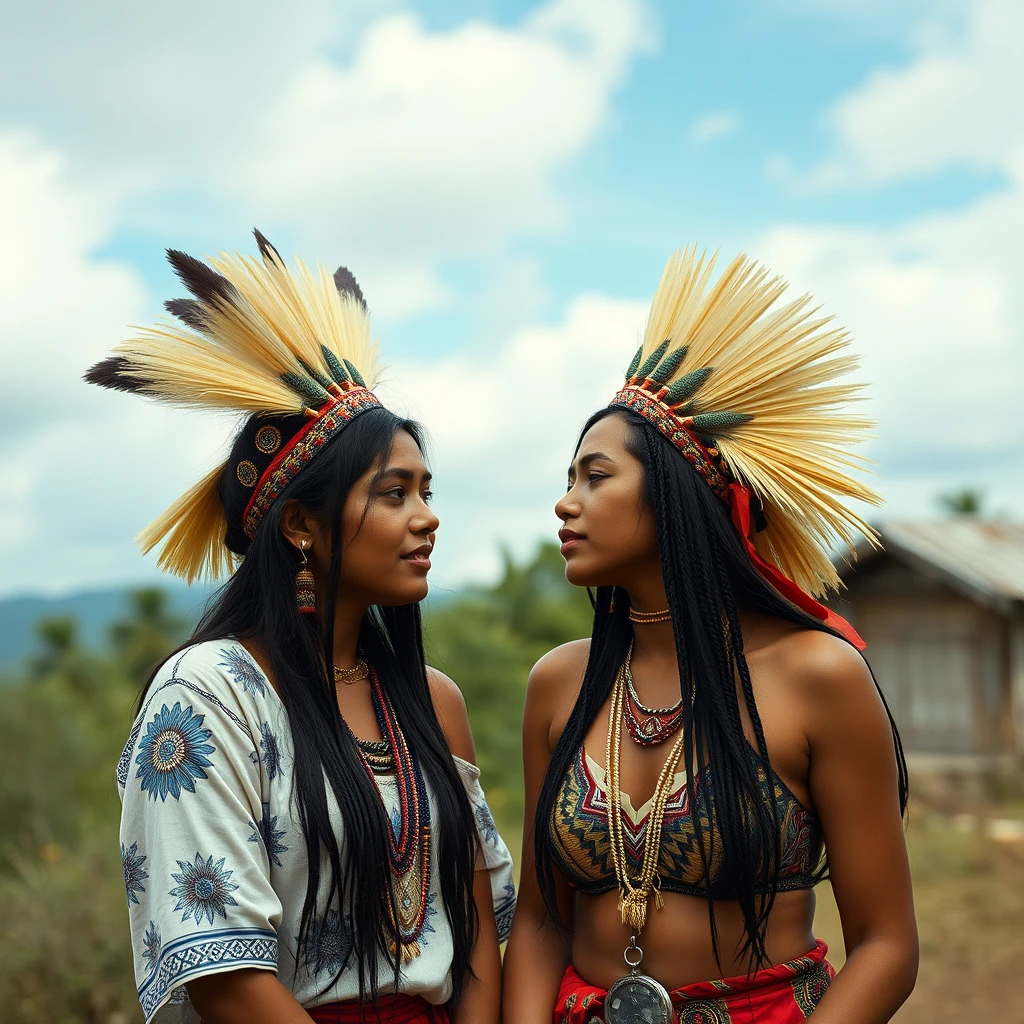 A scene in Colombia. Two indigenous ladies in their 20s discovering themselves, Milo Manara style. 4k.