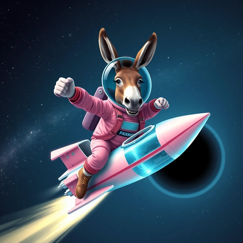 An ambitious donkey wearing pink astronaut costume, riding on a crystal light cyan stunning spaceship, making a punching gesture, flying to the outerspace under a clear night sky with lots of shining stars, passing by a huge black-hole. Realistic style. - Image