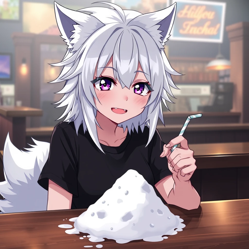 Anime woman with fluffy wolf ears and a fluffy tail, messy medium-length white hair, purple eyes, wearing a black t-shirt, sitting at a table in a bar. On the table is a tiny mountain of snow. The girl looks at the snow with a big crazy smile and has a straw in her right hand.