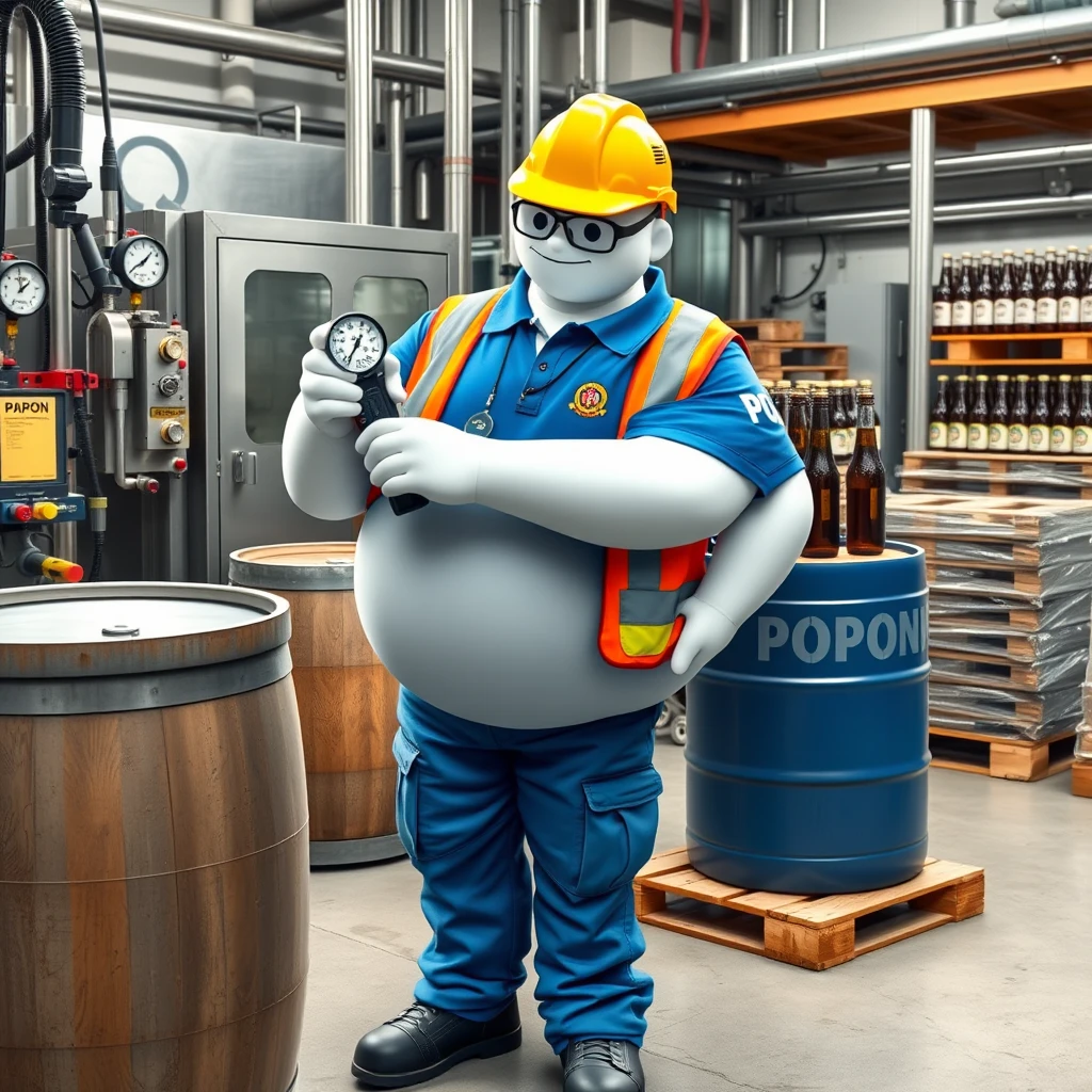 Baymax is measuring bottles with a gauge in the quality control and inspection area of a beer bottling plant, surrounded by machinery, a barrel, gauges, measuring instruments, pallets, beer bottles. He is dressed in a blue polo shirt that covers his entire torso, safety elements including a reflective vest, safety footwear, a walkie-talkie, industrial safety goggles, blue cargo pants, and is wearing a yellow helmet with the word POPON written on it. The polo shirt has the word POPON written on the sleeves and the front.