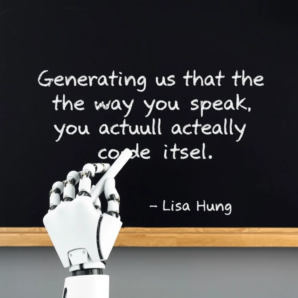 A robotic hand holding a piece of chalk is writing on a chalkboard that says “Generative AI is teaching us that the way you speak is actually code itself” – Lisa Huang, classroom style chalkboard. - Image