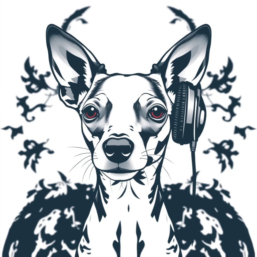 Whippet with headphones, Rorschach style, clean, simple, white background, professional tshirt design vector - Image