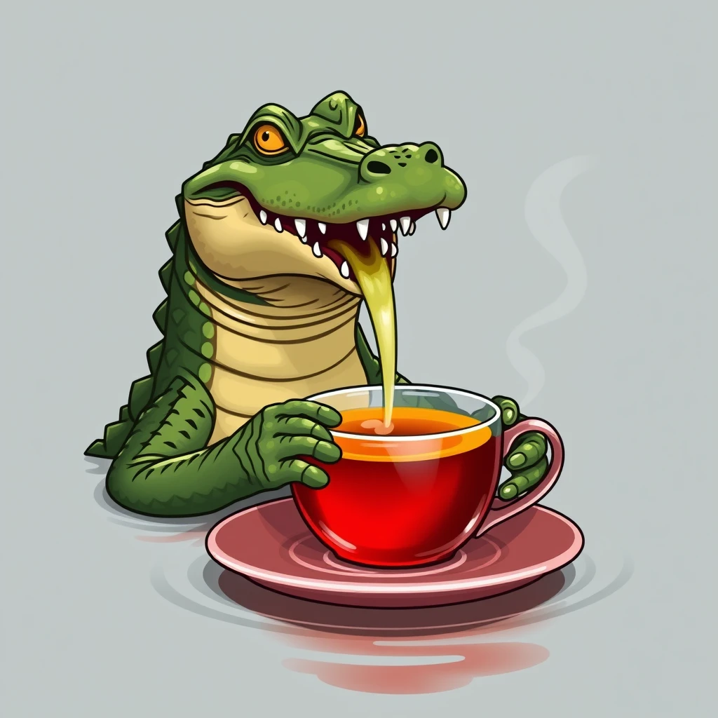 A crocodile sipping tea