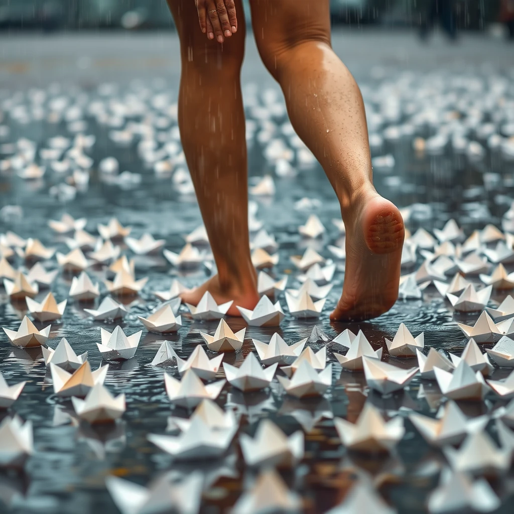 Feet walking in the rain, surrounded by many paper boats. - Image