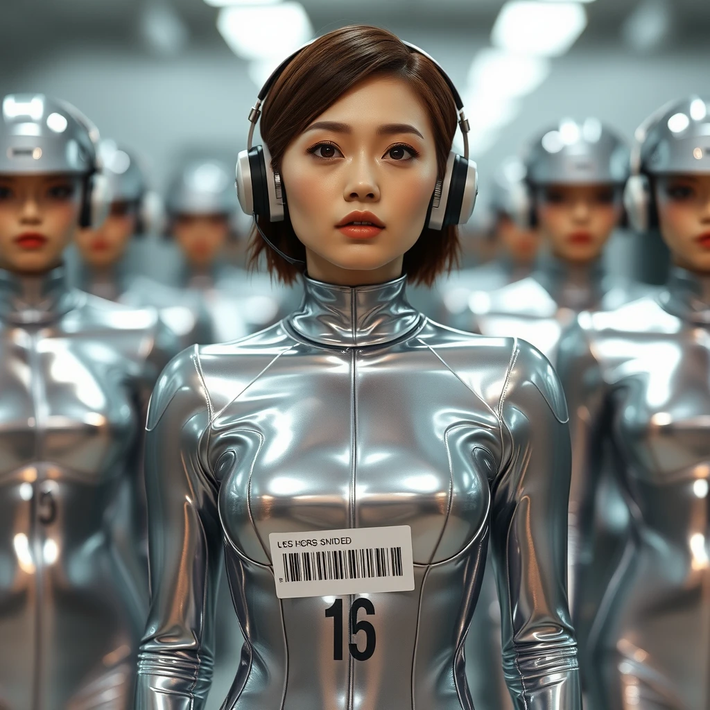 Korean woman. Sexy. Brainwashed. Standing at attention. Silver latex skin-tight full-body jumpsuit with a barcode and number on it. Short hair. Headset. Awaiting orders. Thinks she is a robot. - Image