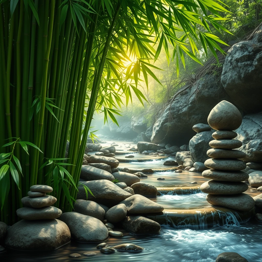 This image depicts a peaceful natural scene with lush green bamboo, stacked pebbles, and a gently flowing stream. Sunlight filters through the leaves, creating a relaxing and serene atmosphere, much like a meditative painting.