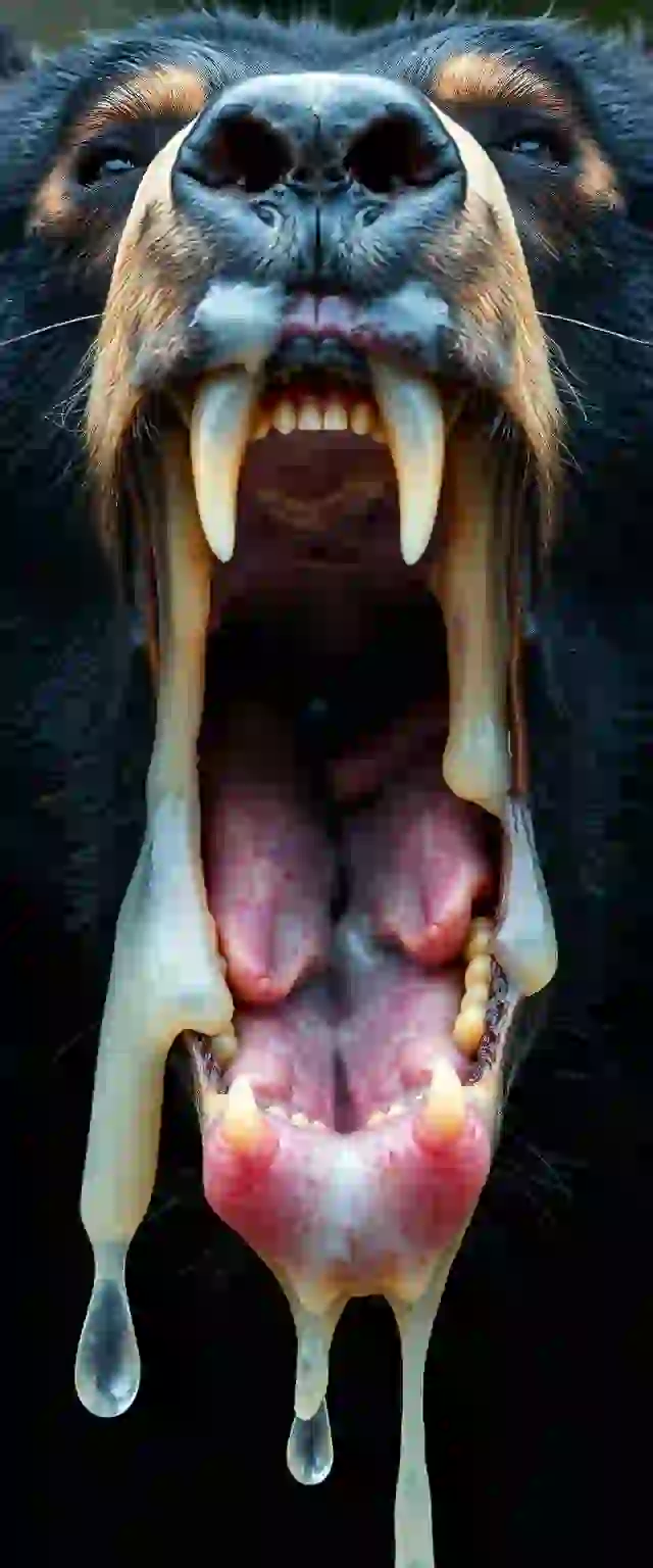 The black bear opens its mouth wide, revealing sharp teeth that are very pointed. Its tongue is covered in saliva, and there is a lot of saliva, filling the entire mouth. The saliva is white, with yellow and red mixed in. It has soaked the fur, and you can see the veins in the oral cavity. There are multiple tongues, and the internal details of the throat are depicted.