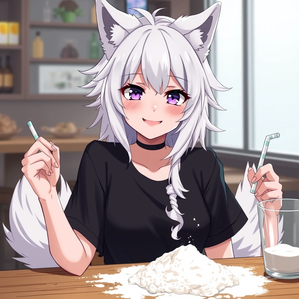 Anime woman with fluffy wolf ears and a fluffy tail, white messy medium hair, purple eyes, wearing a black t-shirt, sitting at a table in a bar. On the table is flour, and the girl looks at the flour with a big crazy smile, holding a straw in her right hand.