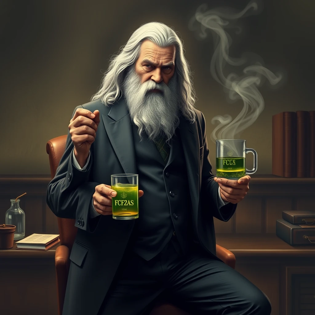 Gandalf in a suit in a modest office brews potion that says FCFA2S. - Image