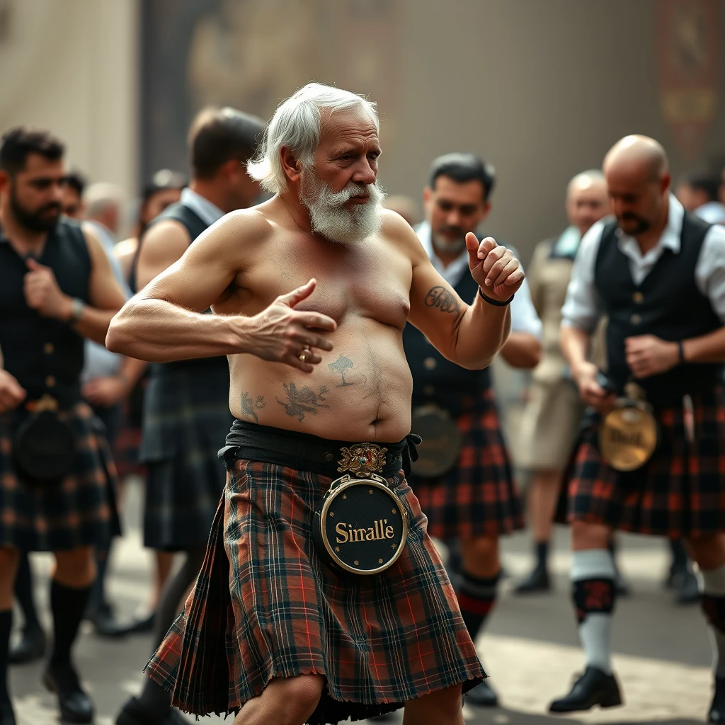 Old man in kilt and no shirt dances closely with other men.