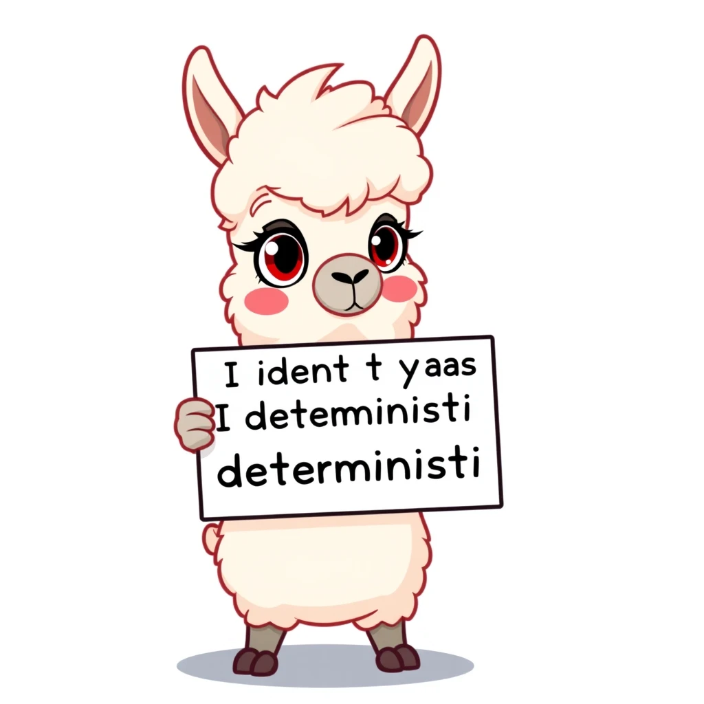 Cartoon llama holding a placard that says "I identify myself as deterministic", digital art style, vibrant colors, humorous expression, white fluffy llama with big eyes, placard held by hooves, clean lines, playful design, against a simple background.