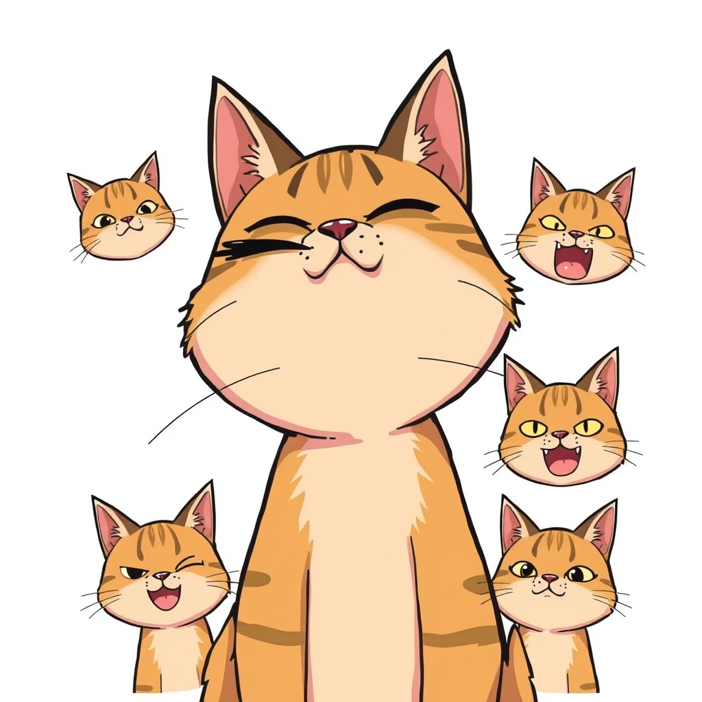 A cat in meme style, showing specific expressions such as winking, smiling, surprised, confused, happy, angry, etc. The cat’s expressions are exaggerated and humorous, with a solid color or transparent background, cartoonish and cute style. - Image