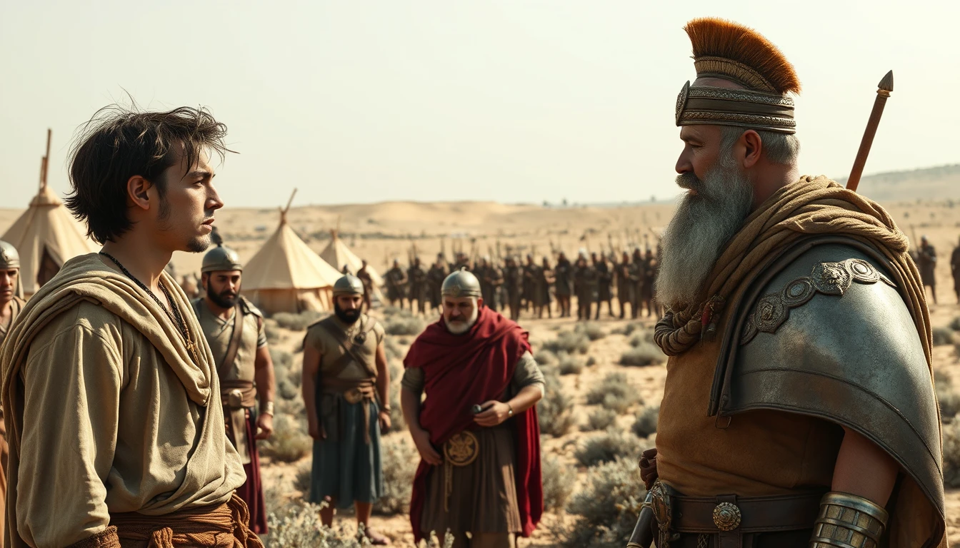 A young man with messy hair is arguing, like a soccer player, with a middle-aged man. The young man is dressed in ancient biblical shepherd's attire. The middle-aged man is dressed to look like a Mesopotamian soldier king. The young man stands apart from the middle-aged man. Both men are surrounded by a diverse group of men in ancient Israelite Bronze Age soldier armor. In the background are Bedouin tents pitched on desert shrub land. In the distant horizon stands another army armed and ready to fight. Dramatic lighting.