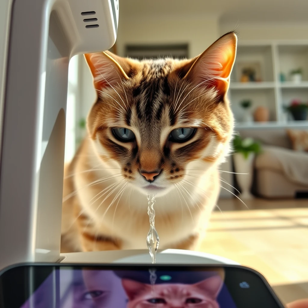 A cat drinking water, captured from the perspective of a mobile phone. The scene is indoors, with the cat's face close to the water stream. The water dispenser is modern and sleek, and the environment is well-lit with natural lighting. The cat is focused on drinking, and the image shows a clear, detailed view of its head and upper body. The background includes a hint of home decor, indicating a cozy living space.