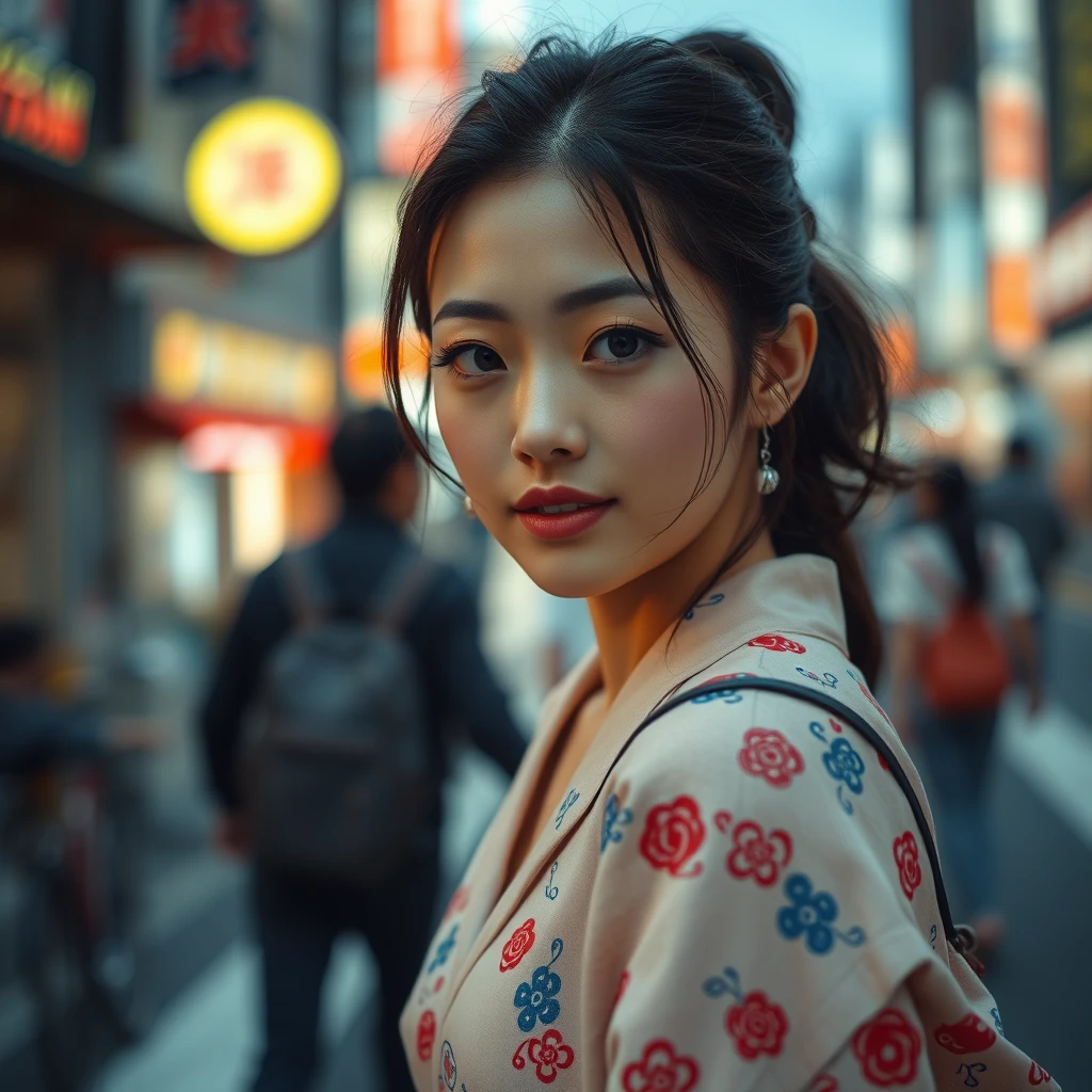 "Generate a Japanese woman, with a background in the streets of Tokyo."