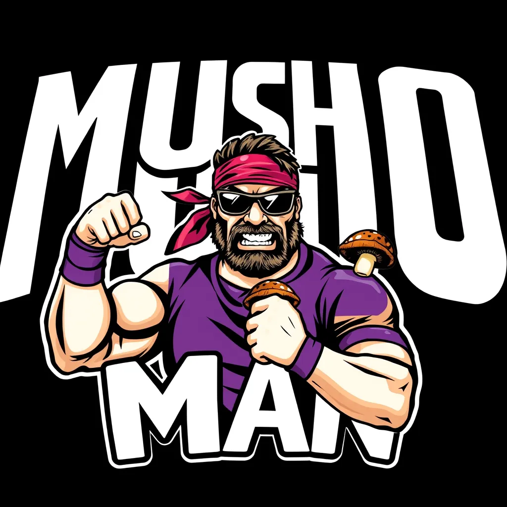 Create WWE MACHO MAN parody logo featuring a title in big painted typography saying "MUSHO MAN". In the logo, a realistic macho man wrestler character wearing a bandana and sunglasses, purple shirt. He is flexing his arm and squeezing a brown cap mushroom with one hand and pointing at the mushroom with the other hand, looking angry. Parodying Macho Man. Grainy 90s screen print.