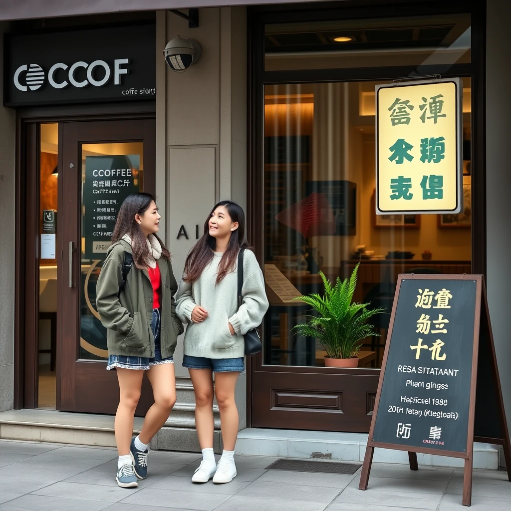 Two young women are chatting outside a coffee shop, their features are clear, and you can see their socks. There is a sign outside the restaurant, and the words on the sign can be clearly seen, including Chinese characters.