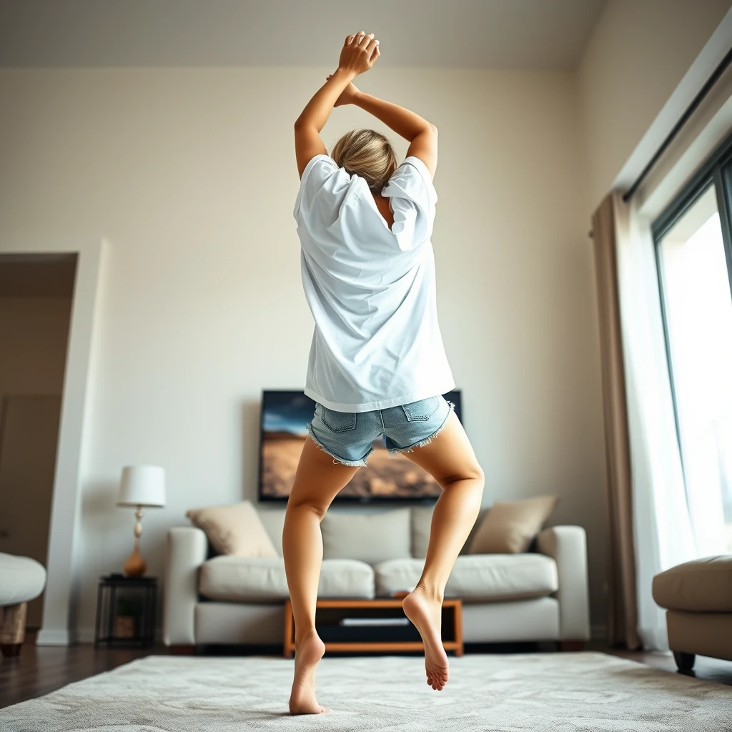 Side view angle of a skinny blonde woman in her large living room, wearing a massively oversized white t-shirt that is unbalanced on one sleeve, along with oversized light blue denim shorts. She is barefoot and facing her TV, diving headfirst into it with her arms raised beneath her head and her legs high in the air at a 60-degree angle, already halfway through the TV screen.