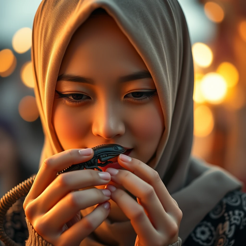 A beautiful Japanese hijab girl, eating a xenomorph, intricate detail, bokeh, golden hour. - Image