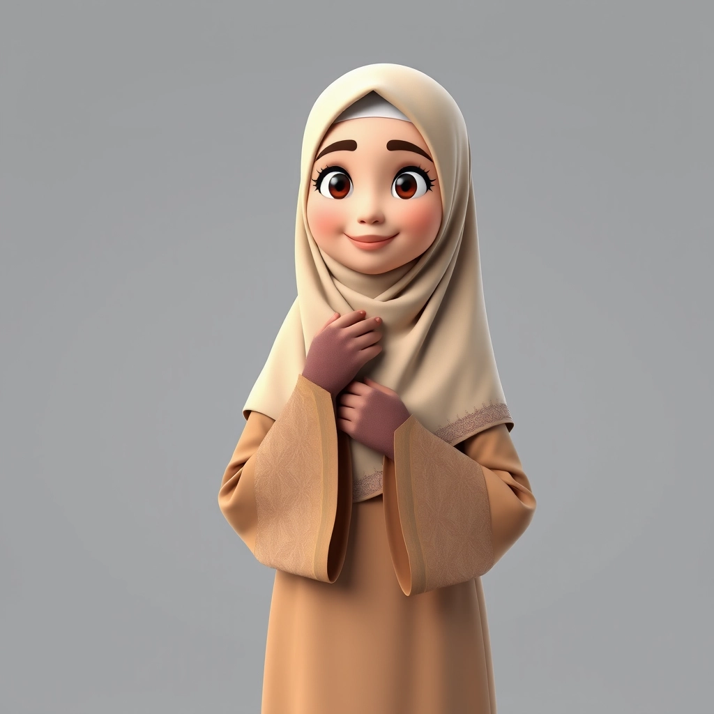 A 3D, 8k animated cartoon depiction of a Muslim woman from Palembang, wearing a traditional long songket and a long gown (gamis). She is adorned with a hijab that covers her chest and wears batik gloves covering her hands.