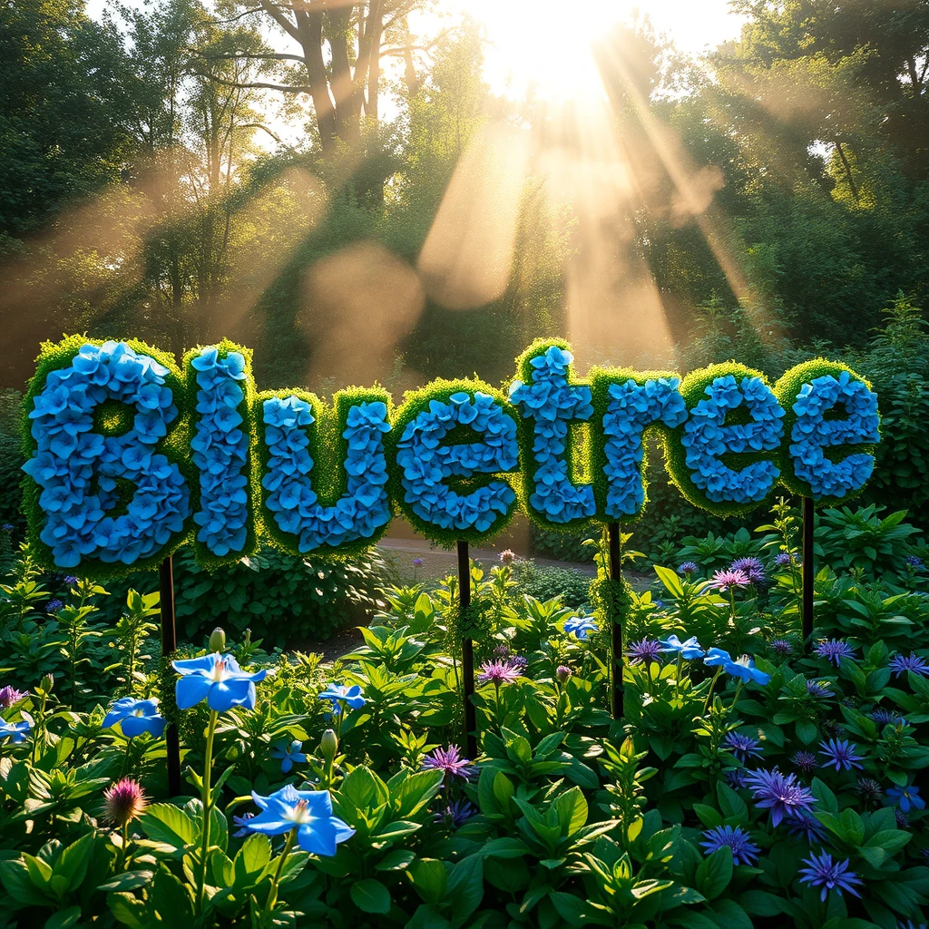 The word "Bluetree" grows as a living topiary in a lush garden. Each letter is meticulously sculpted from blue-flowering plants like hydrangeas and delphiniums. The text, 10 feet tall, stands against a backdrop of verdant foliage. Morning dew glistens on the petals, creating a sparkling effect. A soft mist in the background adds depth, while golden sunlight filters through, highlighting the vibrant blue hues. Captured with a wide-angle lens to showcase the scale and intricacy of the floral typography.