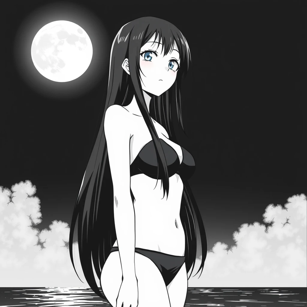 Girl with long, black hair in a black bikini. In the background, a black sky with a big, bright moon. Manga, grayscale.