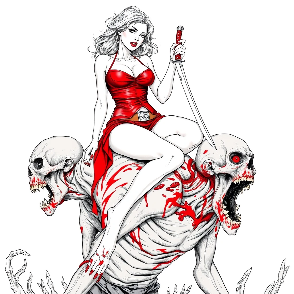 A tall mature woman in red sexy battle leather underwear rides on a zombie's shoulder with her legs open, her legs around the zombie's neck, as she stabs a dagger into the zombie's head, line art.