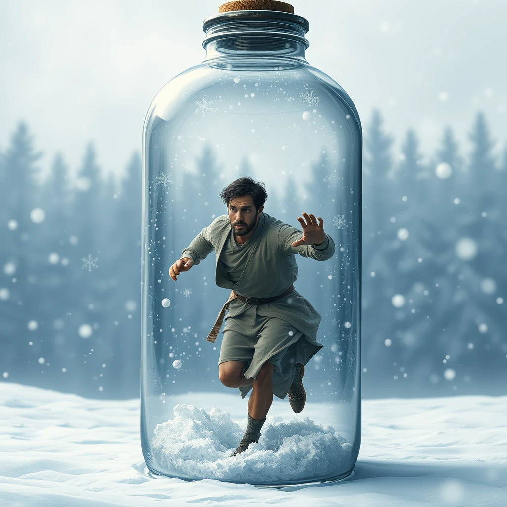 **Theme and Atmosphere**:  
"A tranquil solitary realm: a man wearing thin clothing and looking haggard runs inside a gigantic transparent glass bottle, surrounded by snow both inside and outside, creating a desolate and profound world."  
  
**Background Setting**:  
- "The background is filled with swirling snowflakes and the hazy outlines of a forest, primarily in soft blue and gray tones, establishing a cold and peaceful atmosphere."  
- "In the distance, the outlines of trees emerge faintly in the blurry snowy woods, adding a sense of depth to the scene."  
  
**Glass Bottle and Snow Scene**:  
- "The glass bottle is depicted with a transparent quality, filled with pure white snowflakes, rich in details and layered distinctly, echoing the snowflakes outside."  
- "The edges of the bottle can be slightly blurred to enhance the sense of transparency and spatial depth."  
  
**Character Depiction**:  
- "The man is dressed lightly, with a haggard face and deep-set eyes, one hand pounding on the glass bottle, gazing at a stark, leafless tree in the distance."  
- "The shape of the tree should be intricately detailed, with thick layers of snow covering its branches, contrasting with the man, symbolizing the coexistence of life and solitude."  
  
**Emotion and Meaning**:  
- "The entire image aims to convey a sense of helpless and lonely beauty, allowing viewers to feel the harmony between the man's inner world and his external environment."  
- "Through the metaphor of the glass bottle, one can explore the barriers and connections between the individual and the outside world, as well as the insignificance of a person in the face of life."  
  
**Details and Decorations**:  
- "Pay attention to the handling of light and shadow effects, using the light reflected by the snowflakes to enhance the brightness and depth of the image."  
- "Without disrupting the overall atmosphere, some small decorative elements can be added, such as falling snowflakes and plants swaying in the cold wind."  
  
**Style and Technique**:  
- "Please use delicate and emotionally expressive brush strokes, focusing on the harmonious combination of color and light."  
- "In composition, be mindful of balancing and contrasting, ensuring the image is both stable and dynamic."