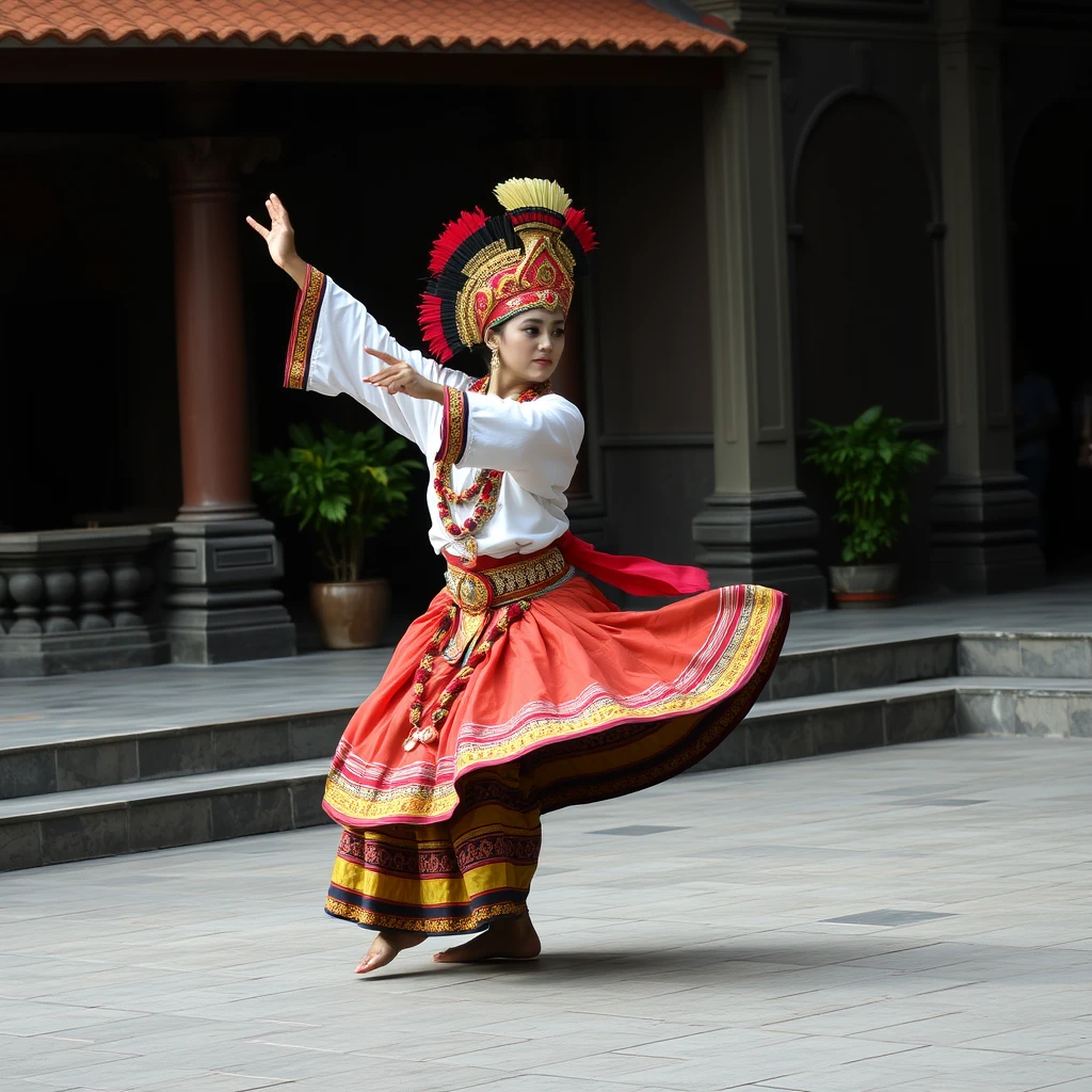 Javanese dancer with full traditional costume dancing in Yogyakarta palace. - Image