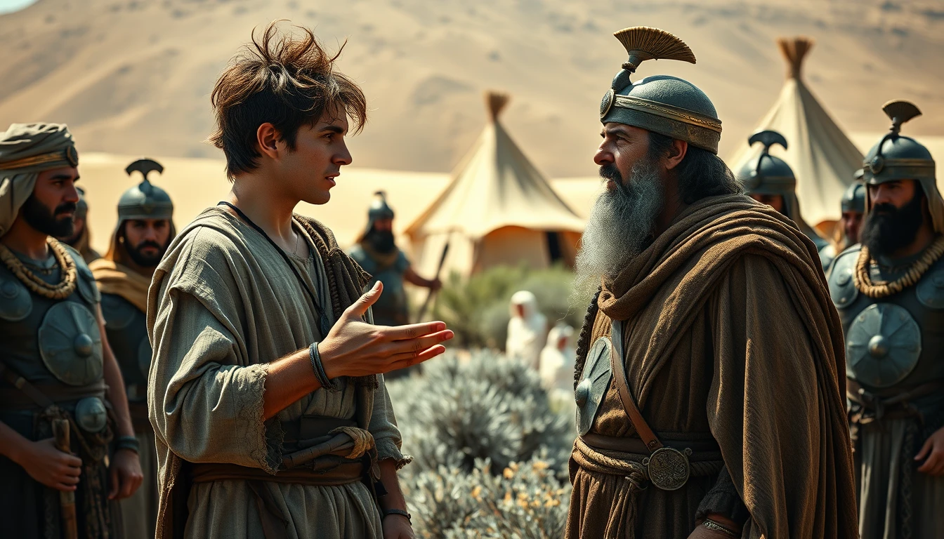 A young man with messy hair is arguing and gesturing passionately like an Italian with a middle-aged man. The young man is dressed in ancient biblical shepherd's attire, while the older man is dressed to resemble a Mesopotamian king. The young man stands apart from the middle-aged man. Both men are surrounded by a diverse group of men in ancient Israelite Bronze Age soldier armor. In the background, there are Bedouin tents pitched on desert shrubland. The lighting is dramatic. - Image