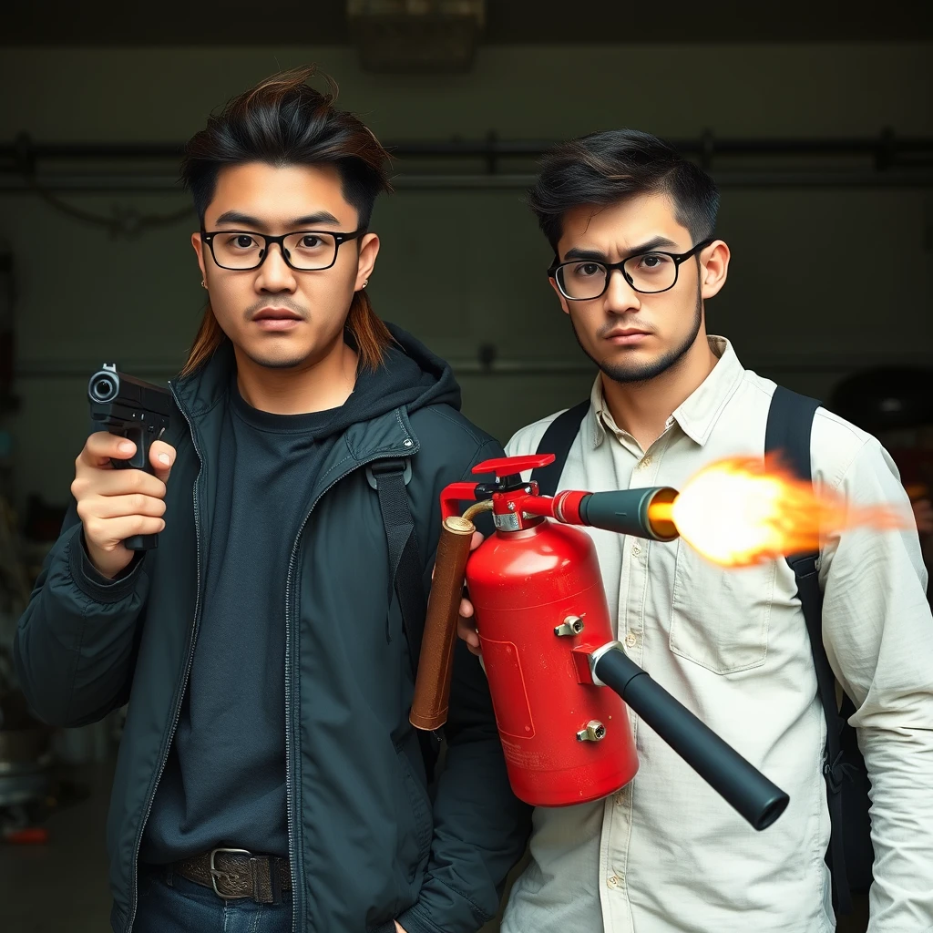 2 person setting, "21 year old northern Chinese man wearing square glasses, mid/long black mullet hair, holding pistol"; "21 year old white European Italian man wearing round glasses, short hair, holding very large fire extinguisher flamethrower", garage setting, both angry. - Image