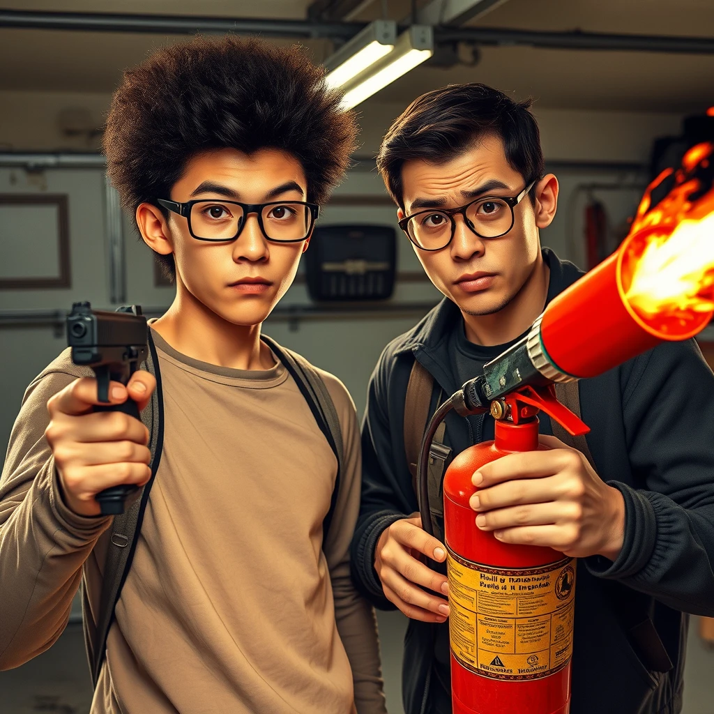 21-year-old white thin long-faced young northern Chinese man with a square chin, wearing square glasses, holding a pistol, afro; 21-year-old white Italian man wearing round glasses and short hair holding a very large fire extinguisher flamethrower; garage setting; both angry.