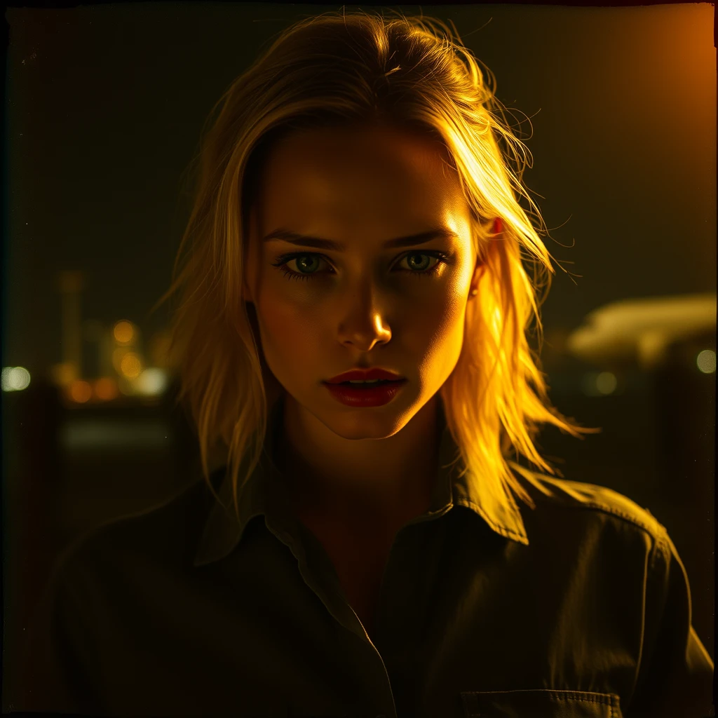 female, relaxed, backlit, Deep Focus, Mackenzie Davis, shirt, dust and scratches, negative, view from below, analog photo, airport, silhouette, spotlight, small breasts, a beautiful woman, highly detailed face, ultra detailed skin, oily dirty skin, natural blonde hair, blue piercing eyes, eyes squinted, dark background, warm colors, city skyline - Image