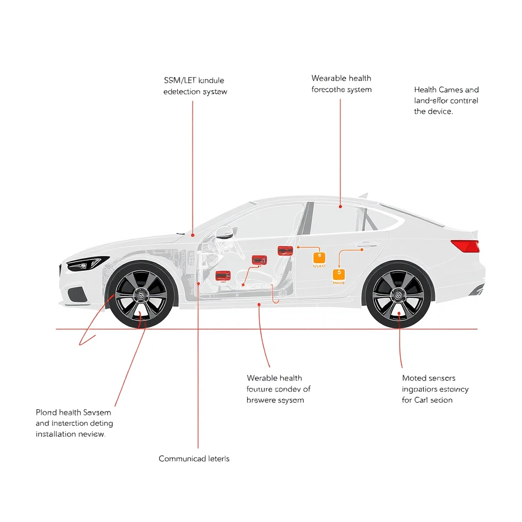 Create a detailed sketch of a car equipped with the following hardware components for an advanced accidental alert system. Clearly indicate the names of the components and their specific installation locations within the vehicle.

Hardware Components and Installation Locations:
Microcontroller/Processor:

Location: Under the dashboard or in a central control unit.
Accident Detection Sensors:

Accelerometer and Gyroscope:
Location: Integrated into the vehicle’s central control unit or under the dashboard.
Impact Sensors:
Location: Placed at strategic points around the vehicle (front, rear, and sides).
Communication Modules:

GSM/LTE Module:
Location: Under the dashboard or in the central control unit.
Wi-Fi/Bluetooth Module:
Location: Integrated with the microcontroller.
GPS Module:

Location: Mounted on the dashboard or integrated into the vehicle’s navigation system.
Health Monitoring Devices:

Wearable Health Devices (Smartwatch/Fitness Band):
Location: Worn by the driver (on the driver’s wrist).
In-Car Health Sensors:
Infrared Camera:
Location: Mounted on the dashboard facing the driver.
Pressure Sensors:
Location: Integrated into the steering wheel.
Heart Rate Monitor:
Location: Embedded in the driver’s seat or steering wheel.
Power Supply:

Battery Pack:
Location: Mounted in the trunk or under the rear seat.
User Interface Components:

LCD/TFT Display:
Location: Mounted on the dashboard within the driver’s line of sight.
Buzzer/Alarm:
Location: Integrated into the dashboard.
LED Indicators:
Location: Positioned on the dashboard.
Data Storage:

SD Card Module:
Location: Integrated with the microcontroller/processor.
Connectors and Cables:

Depiction: Show necessary wiring connecting all components, running neatly through the vehicle. - Image