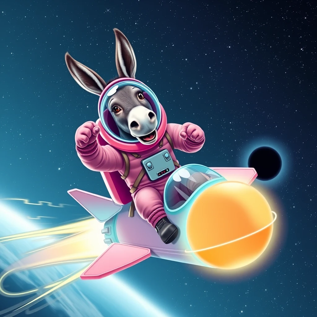 An ambitious donkey wearing pink astronaut costume, riding on a crystal light cyan stunning spaceship, making a punching gesture, flying to the outerspace under a clear night sky with lots of shining stars, passing by a huge black-hole. Realistic style.