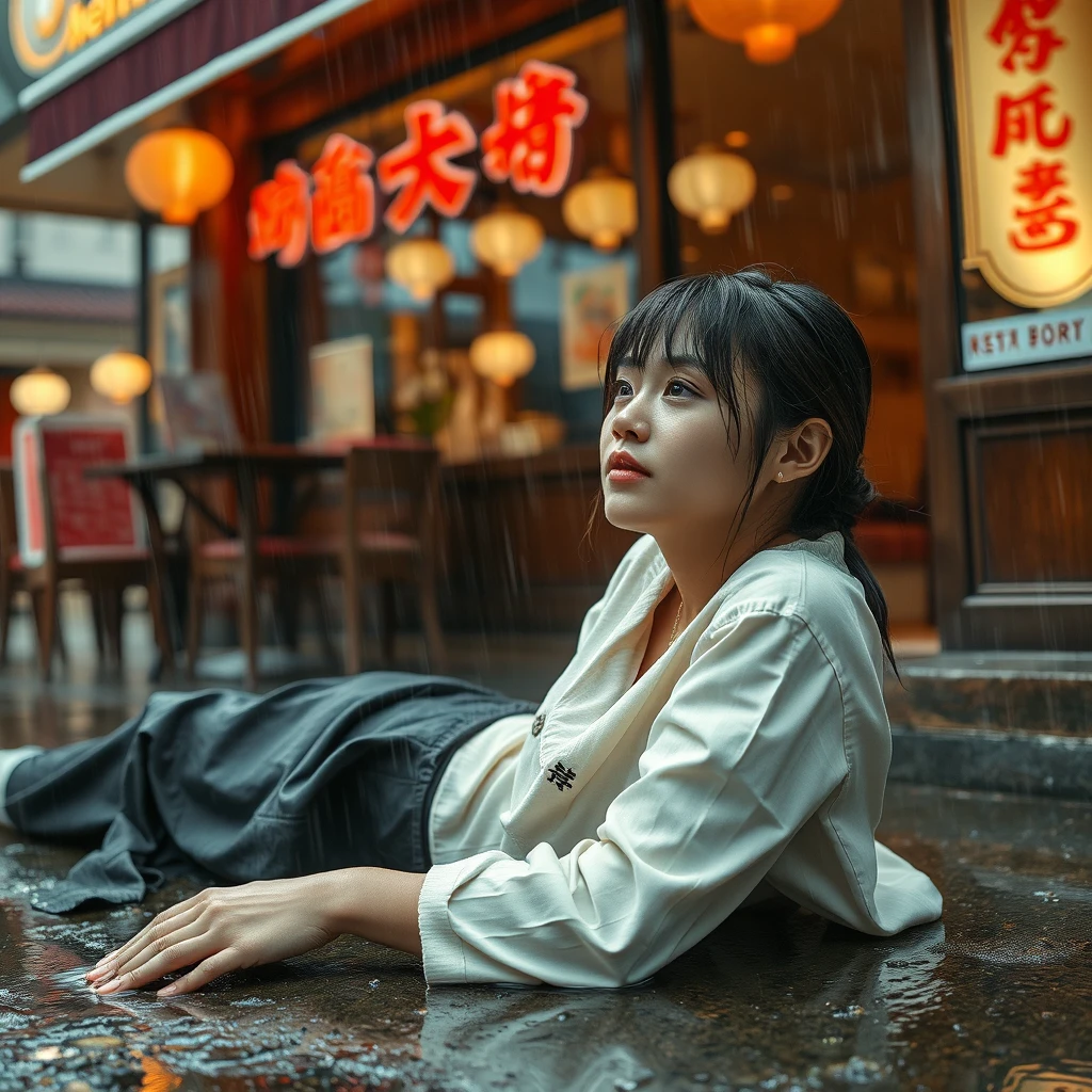 A young woman is outside a restaurant, in a storm, lying on the ground, she is soaked, with Chinese characters.