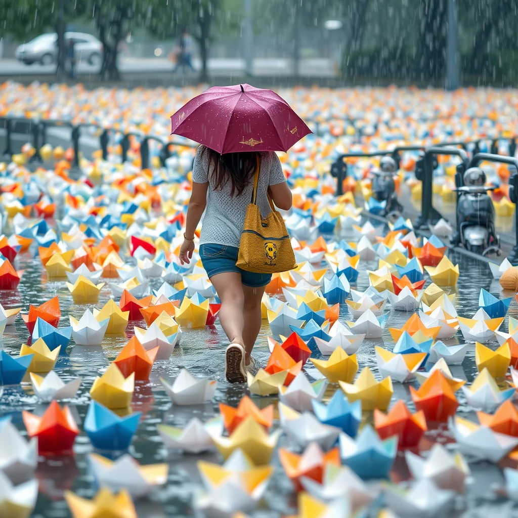 Walking in the rain, surrounded by many paper boats. - Image