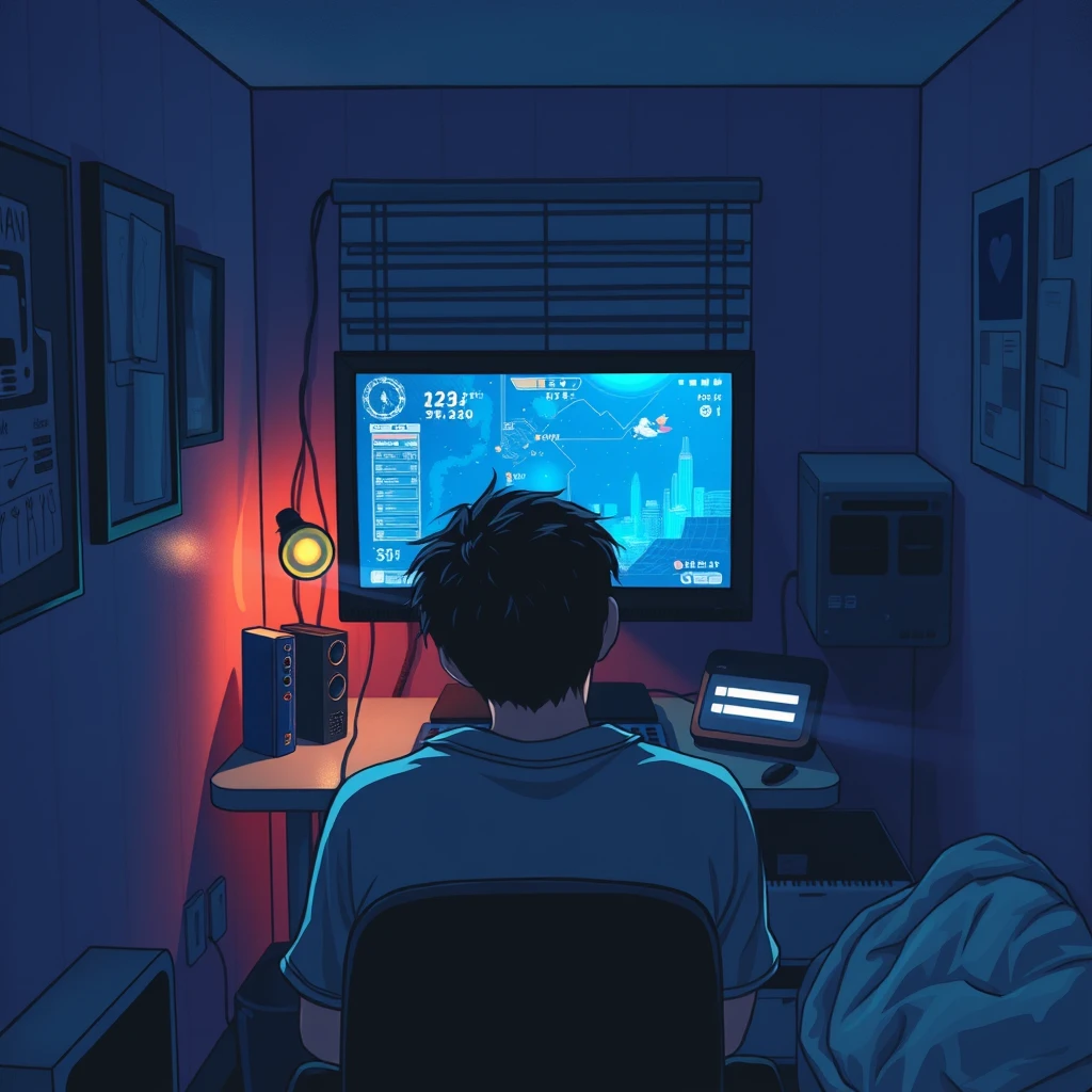 In a dimly lit, small room at night, a young man is facing the computer screen back to the camera, playing a game in a cyberpunk comic style.