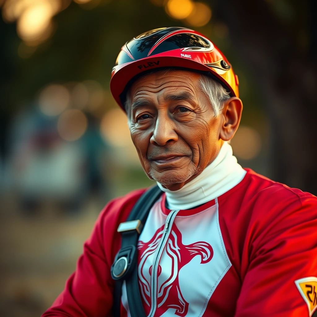 An old Malay man wearing a red Power Ranger suit, with intricate detail, bokeh, during the golden hour.