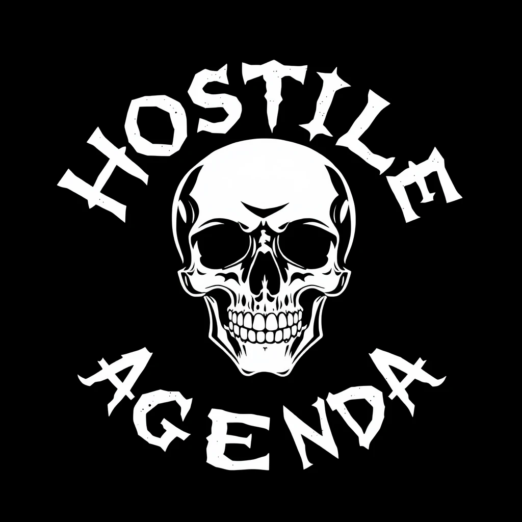 A logo for a hardcore punk band from the 1980s. The band name is HOSTILE AGENDA. Make sure it is spelled exactly "HOSTILE AGENDA". No extra letters, no missing letters. It should be low-detail and simple. White text on a black background. A skull should be included. It should look dirty and vintage.