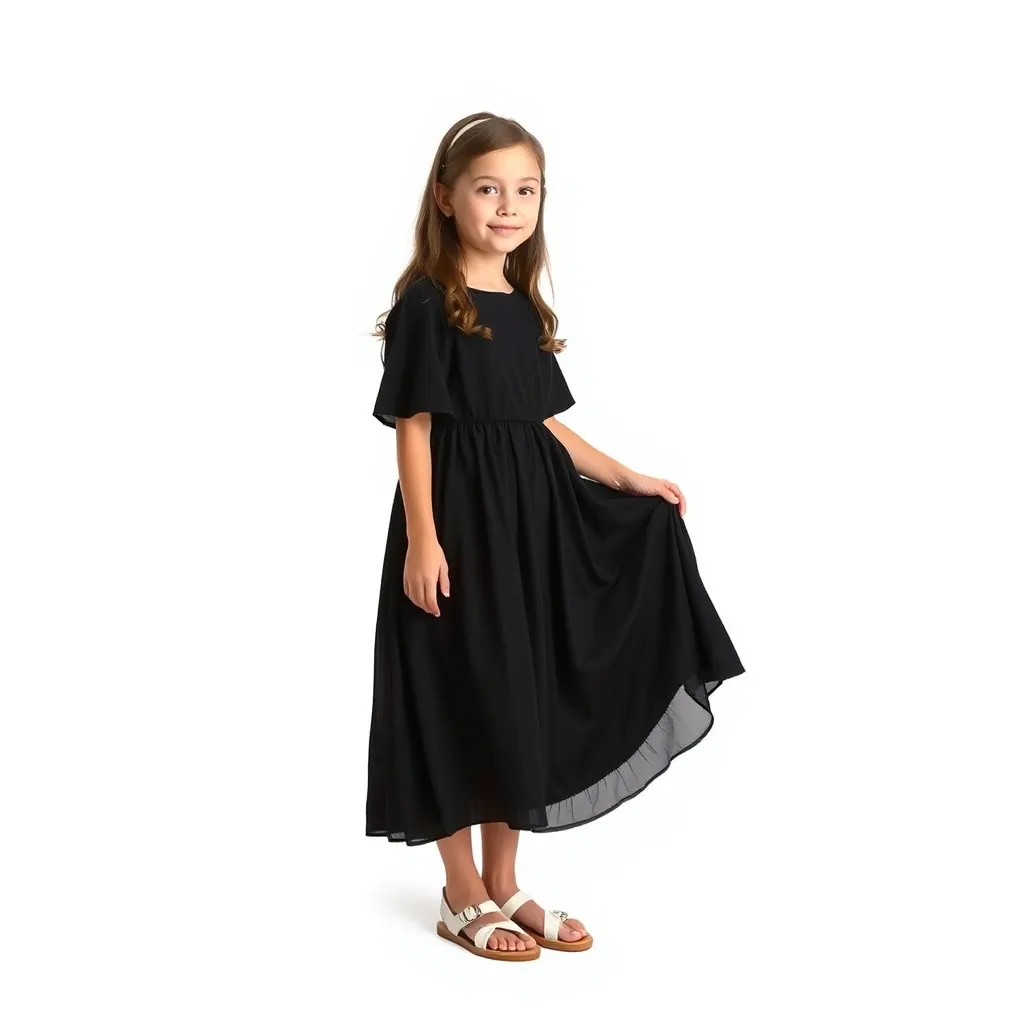 "Create a photo of a 16-year-old girl wearing a black dress and white sandals by Froddo. The background is white, no text. The person should be fully visible." - Image