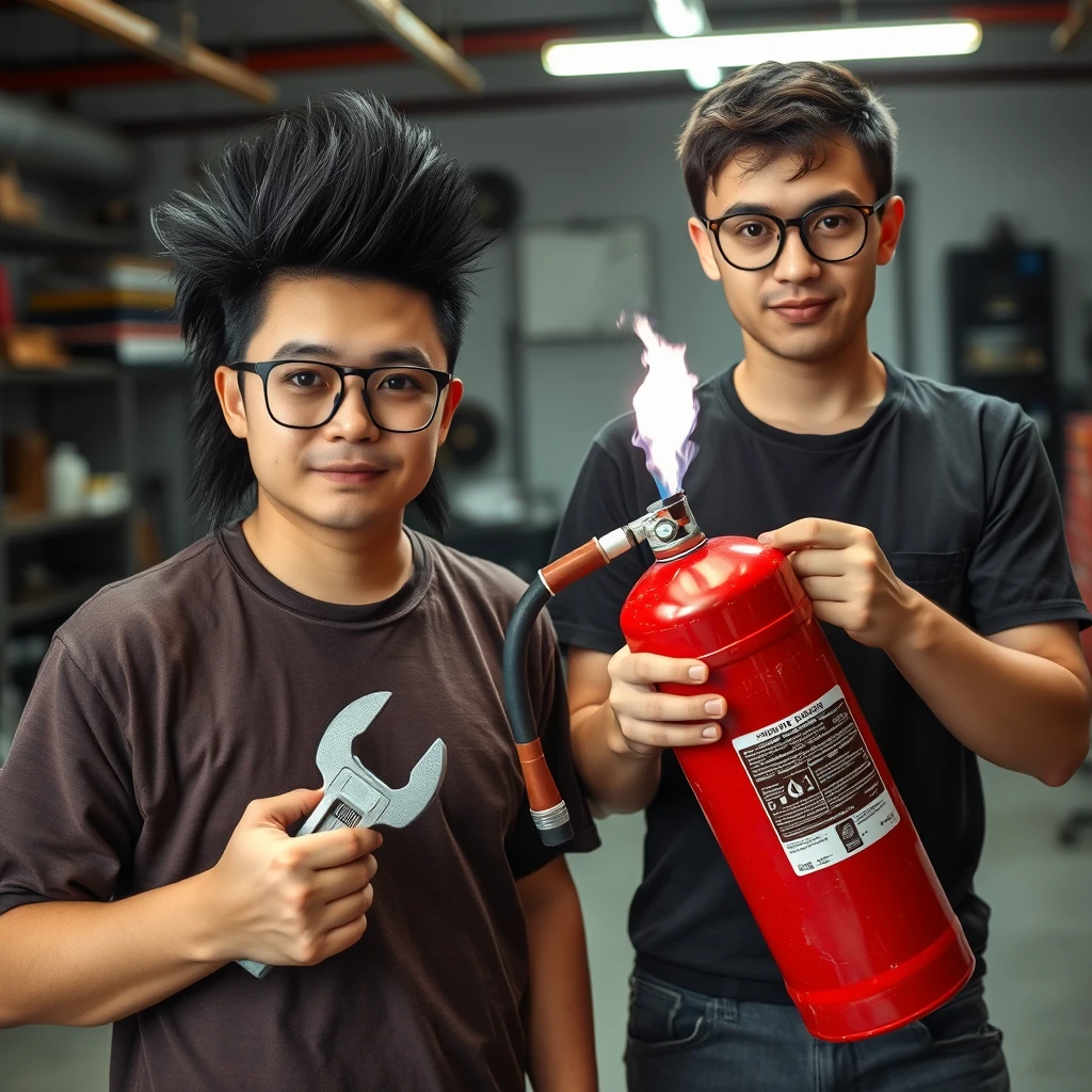 21-year-old white Chinese man wearing square glasses, long black mullet, holding a wrench; 21-year-old white Italian man wearing round prescription glasses and short hair holding a very large fire extinguisher flamethrower, in a garage setting.