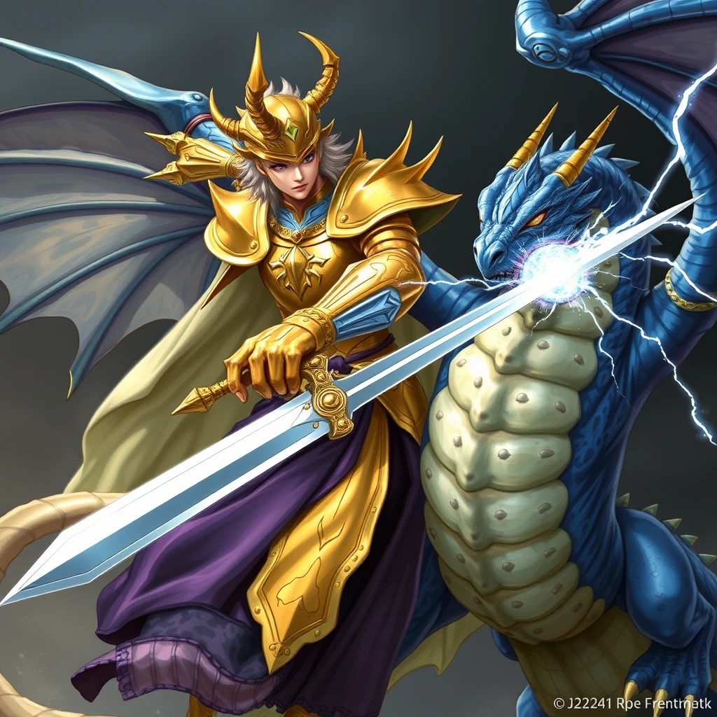 A gold and silver paladin devoted to Bahamut, doubled in size by an elf mage in a purple robe, is swinging a sword at a blue dragon with scars across its body. The paladin and the elf are on the left, while the dragon is on the right, shooting lightning out of its mouth.