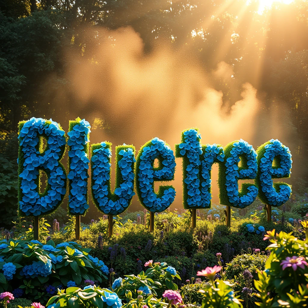 The word "Bluetree" grows as a living topiary in a lush garden. Each letter is meticulously sculpted from blue-flowering plants like hydrangeas and delphiniums. The text, 10 feet tall, stands against a backdrop of verdant foliage. Morning dew glistens on the petals, creating a sparkling effect. A soft mist in the background adds depth, while golden sunlight filters through, highlighting the vibrant blue hues. Captured with a wide-angle lens to showcase the scale and intricacy of the floral typography. - Image