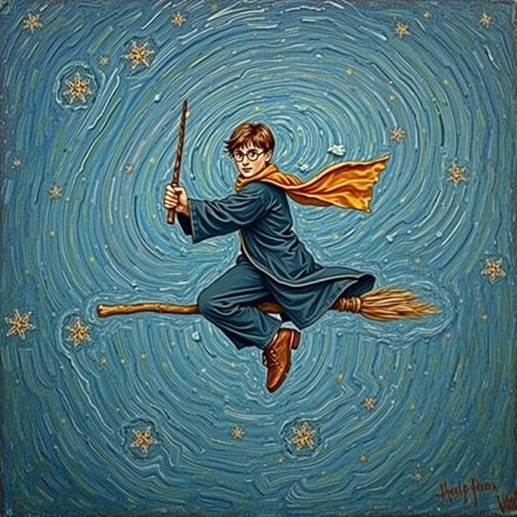 'Harry Potter on a broomstick, style: van Gogh' - Image