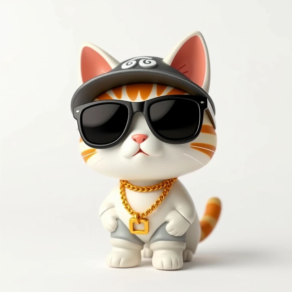 A cat figurine, 3D style, depicted in a cute Japanese chibi (two-head) style, wearing hip-hop style clothing such as oversized sunglasses, a gold chain, baggy pants, and a hat. Overall style is cartoonish and adorable, background is white. - Image