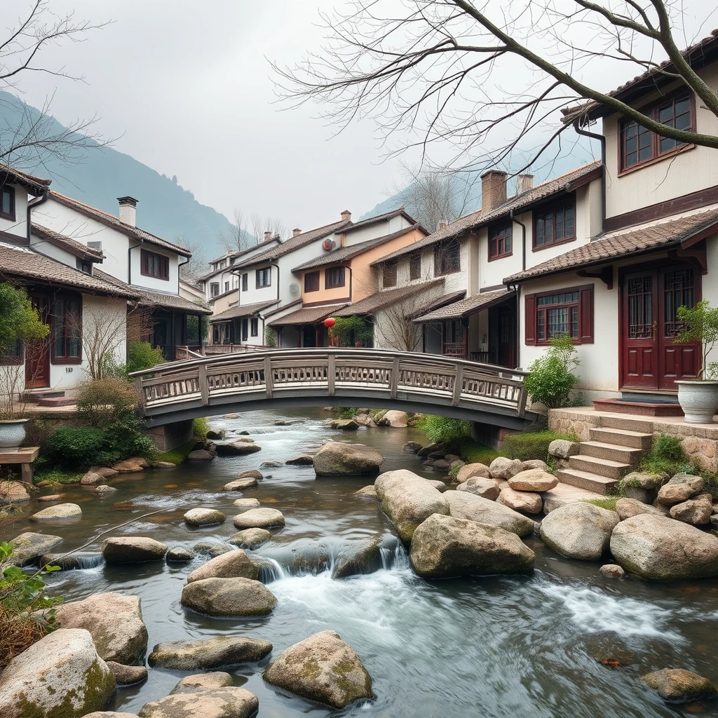 Small bridges and flowing streams amid quaint homes, in the style of Chinese aesthetics. - Image