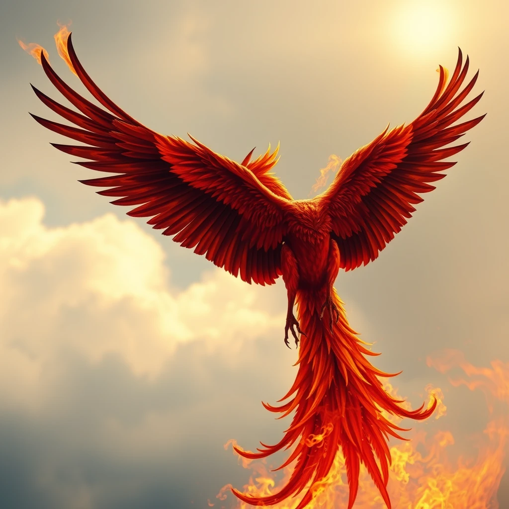 "make a Phoenix that appeared to be about 30 meters tall and when it spread its wings, it reached 50, its skin had a color similar to the fire of a fireplace, but more intense, its tail seemed to be the most vivid fire that any being could witness, approaching the divine. ultra-realistic version."